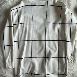 Thick White and Black Crew Neck Sweater Dress with Grid Pattern